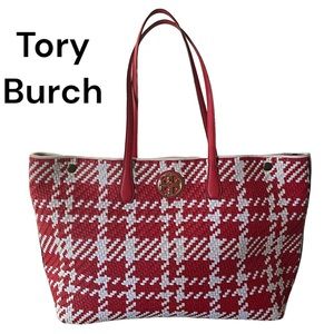 Tory Burch Duet Woven Tote Cherry/White